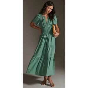Anthropologie Somerset Sage Green Linen Viscose Fancy Maxi Dress Size Small $170
